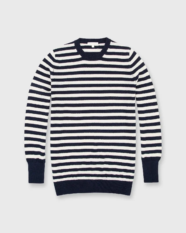 Cydney Boyfriend Crewneck Sweater in Navy/Ivory Stripe Cashmere