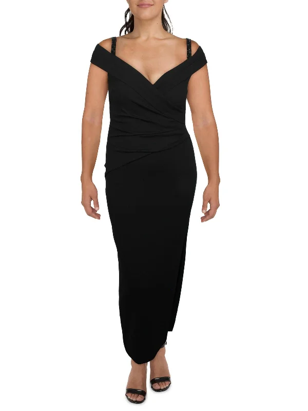 Womens Knit Cold Shoulder Evening Dress