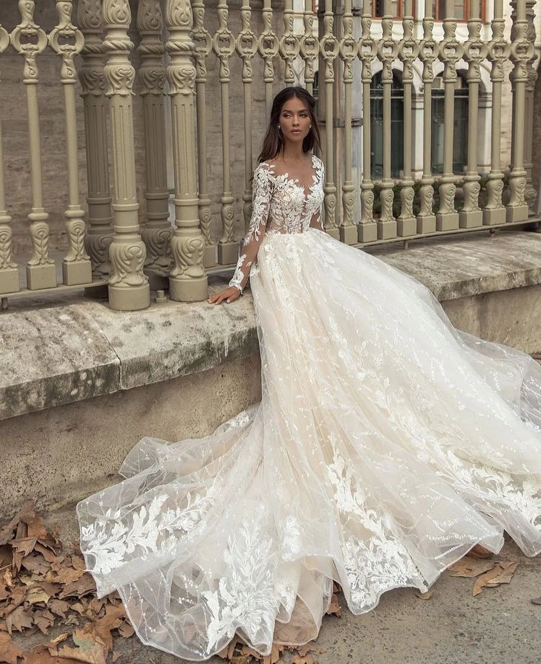 Champagne Wedding Dress Long Sleeve A Line Puff Sparkly Tulle Bride Dress Elegant Women's Wedding Party Dress