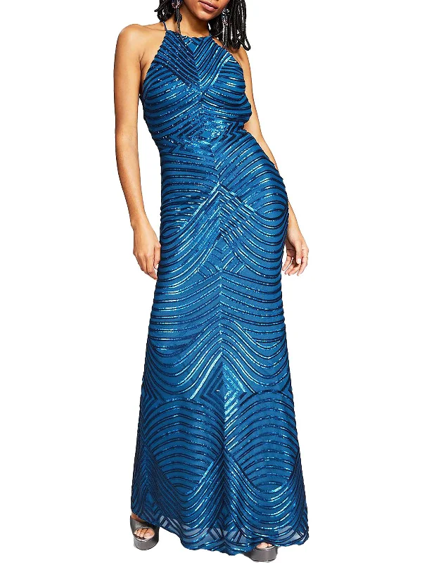 Juniors Womens Sequined Open Back Evening Dress