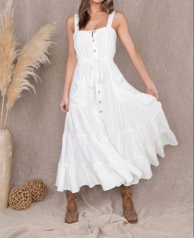 Linen Button Down Tiered Maxi Dress In Off White