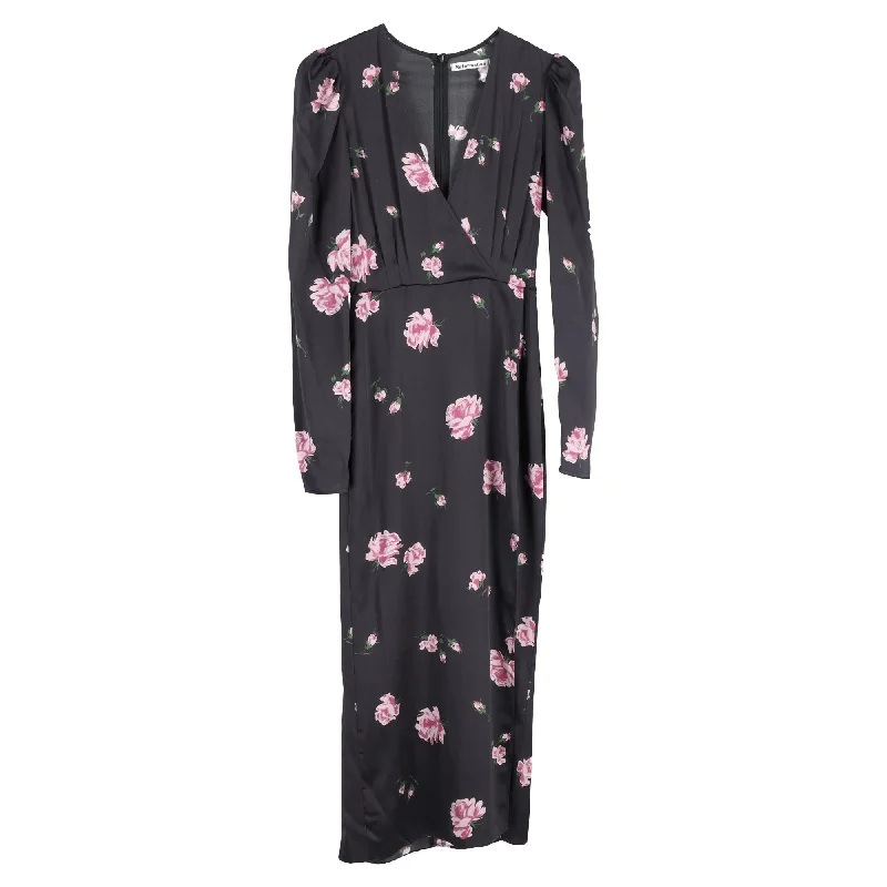 Reformation Floral Print Long Sleeve Midi Dress in Black Silk