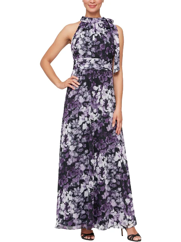 Womens Floral Tie Neck Maxi Dress