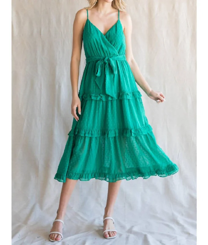 Chiffon Swiss Dot Surplice Midi Dress In Emerald Green