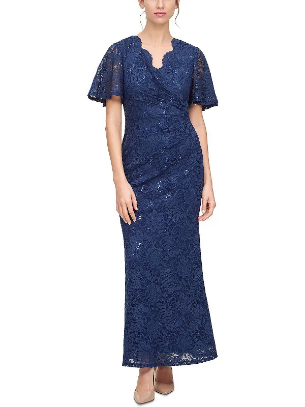 Petites Womens Lace Maxi Evening Dress