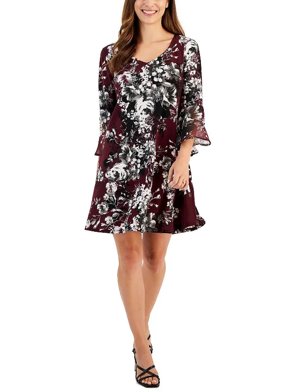 Petites Womens Floral Mini Fit & Flare Dress