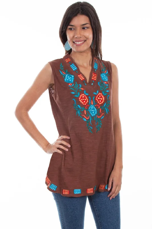 Scully Womens Stylized Floral Flare Brown 100% Cotton S/L Tank Top