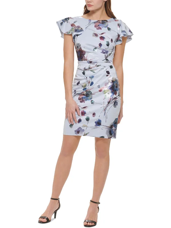 Petites Womens Floral Print Polyester Cocktail And Party Dress