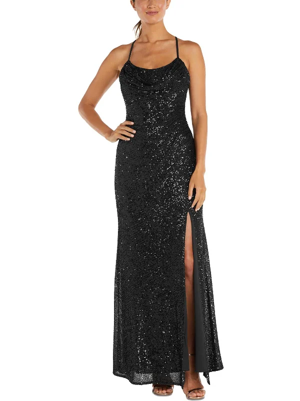 Petites Womens Sequined Long Evening Dress