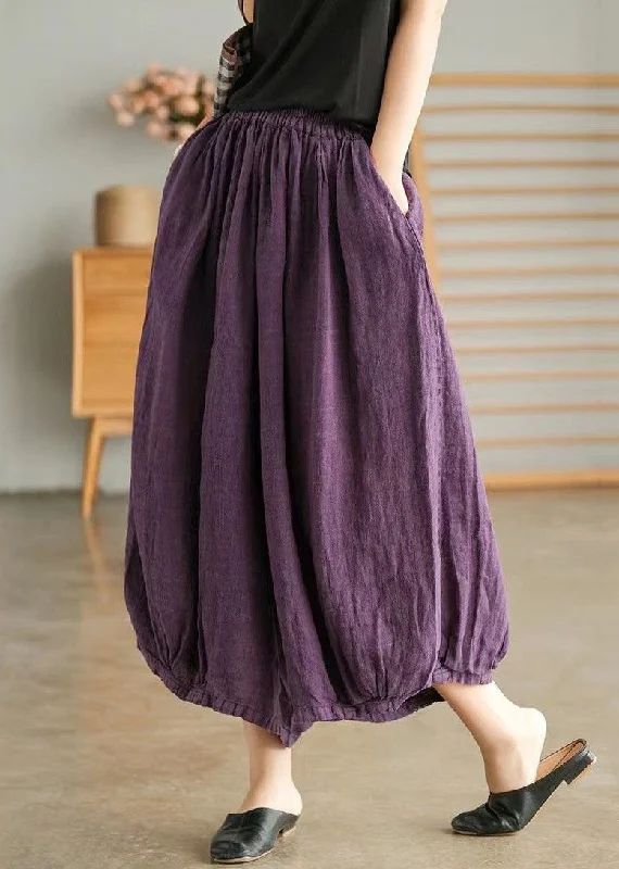 Plus Size Purple Pockets Elastic Waist Linen Crop Pants Summer