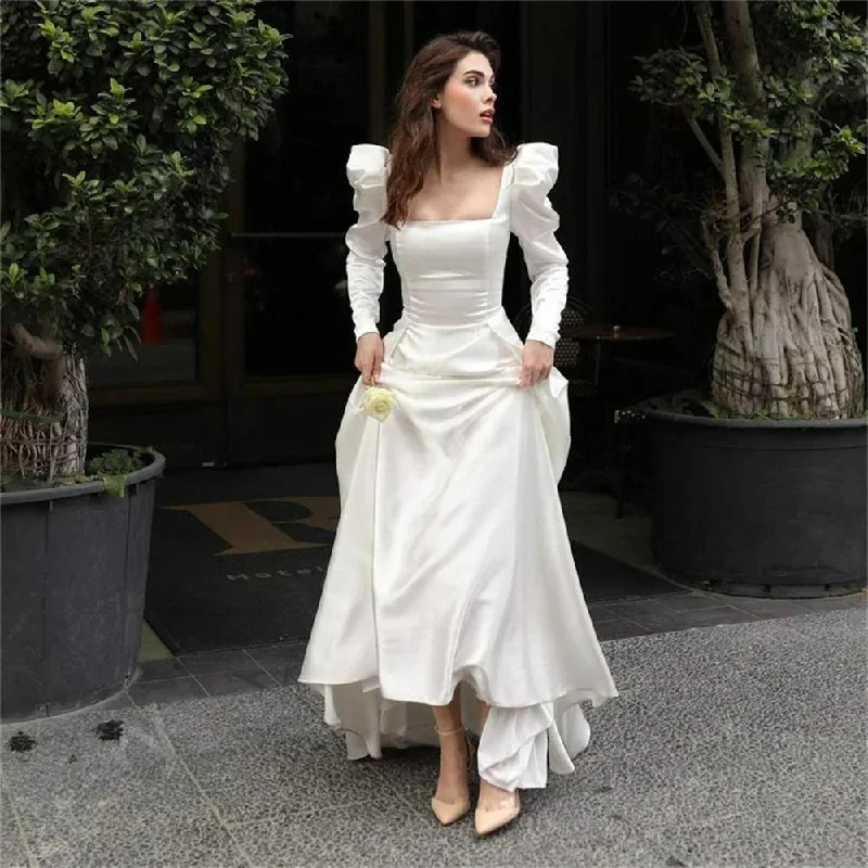 Satin Princess Wedding Dress A Line Square Neck Bride Dresses Long Sleeve Lace Up Back Party Gowns