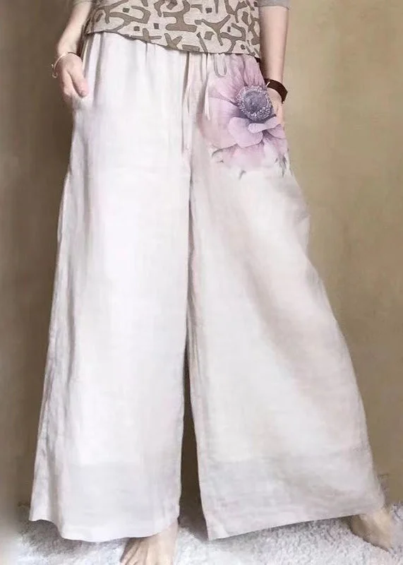 New Apricot Print Pockets Linen Wide Leg Pants Spring