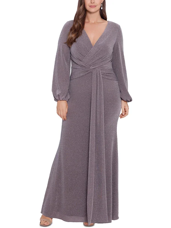 Plus Womens Metallic Draped Evening Dress