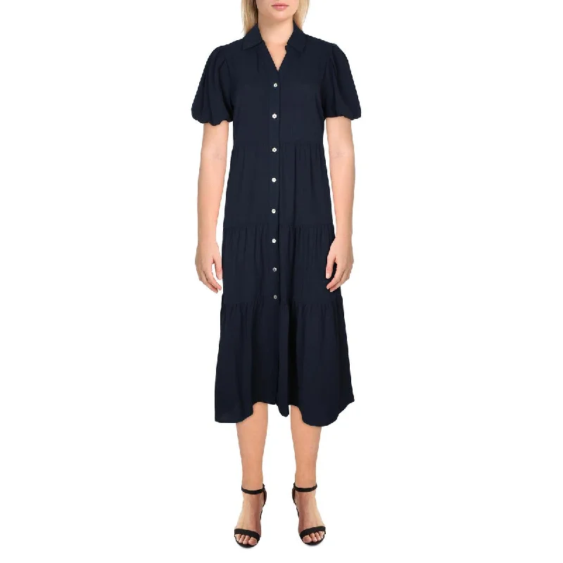 Womens Tiered Puff Sleeve Midi Dress