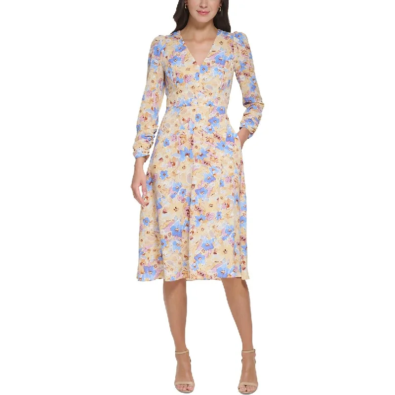 Womens Floral Print V-Neck Midi Dress