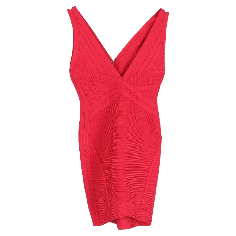 Herve Leger Ari Bodycon Mini Dress in Red Rayon