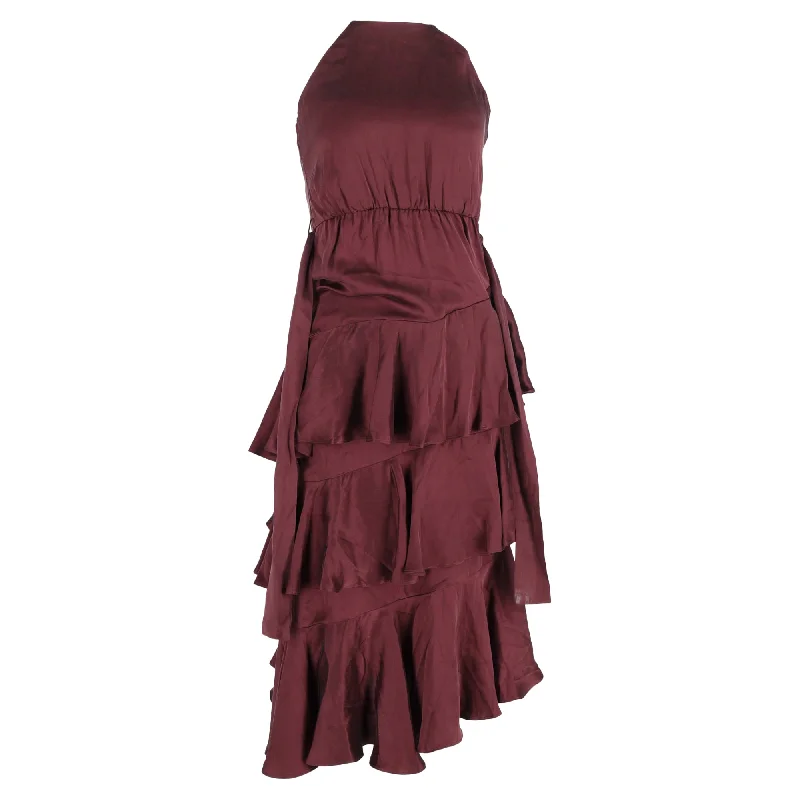 Zimmermann Ruffled Midi Halter Neck Dress in Burgundy Silk