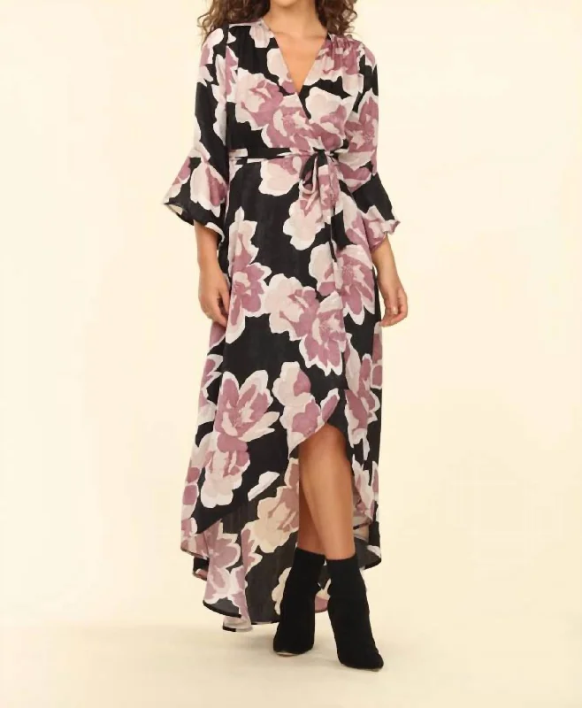 Romano Wrap Maxi Dress With Bell Sleeve In Black