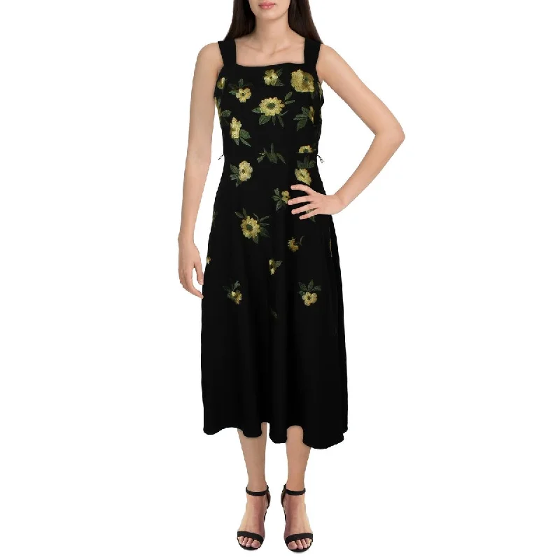 Womens Floral Embroidered Midi Dress