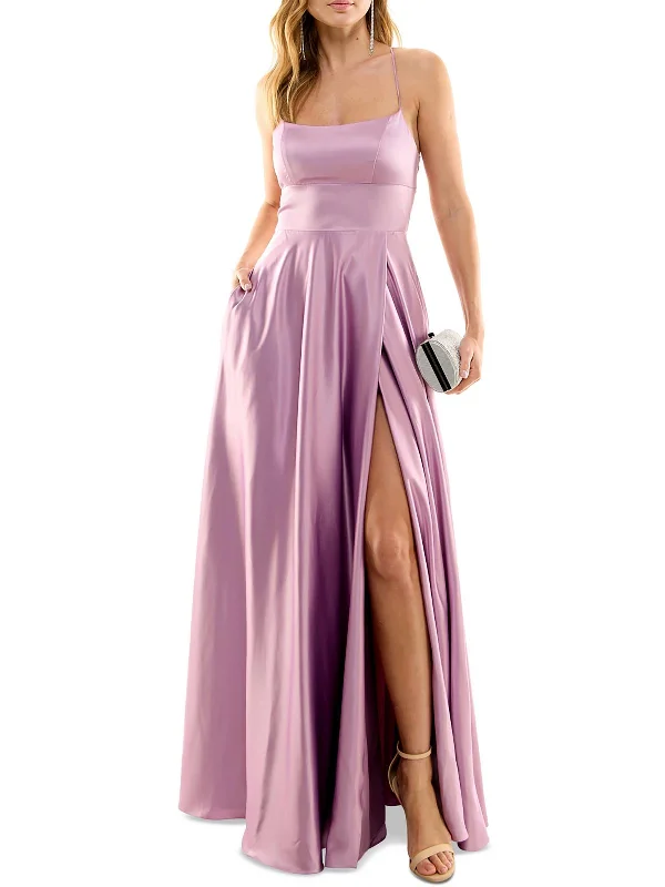 Juniors Womens Satin Split Hem Evening Dress