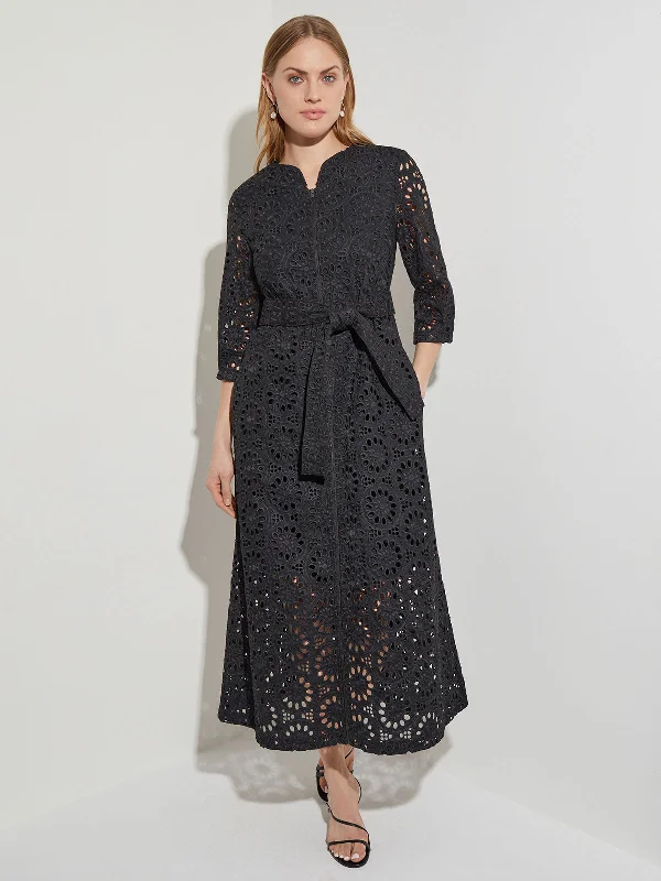 Woven Eyelet Tie-Waist Maxi Dress