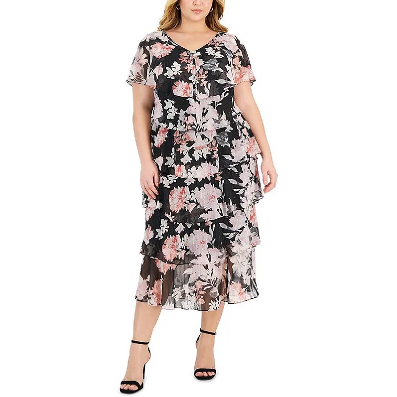 Plus Womens Floral Print Ruffle Midi Dress