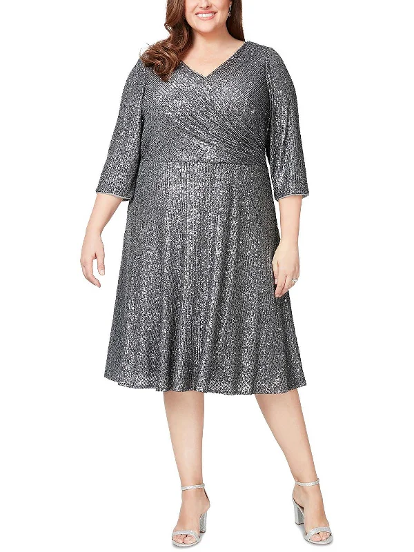 Womens Sequined Below Knee Cocktail and Party Dress