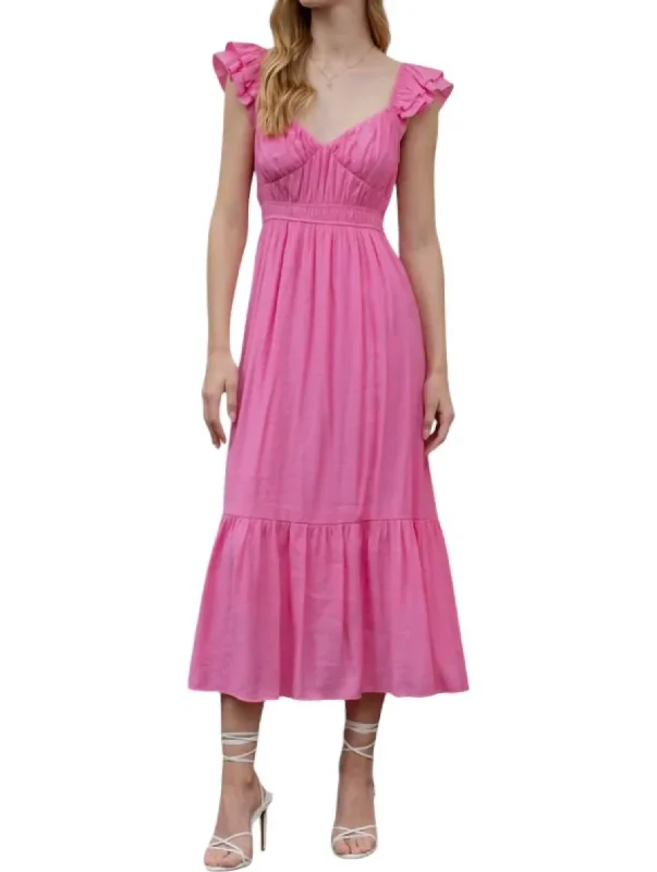 Sweetheart Shirred Midi Dress In Pink