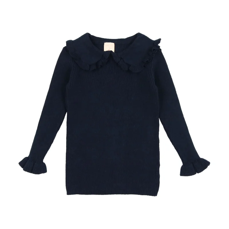 Analogie Ruffle Collar Knit Sweater - Navy