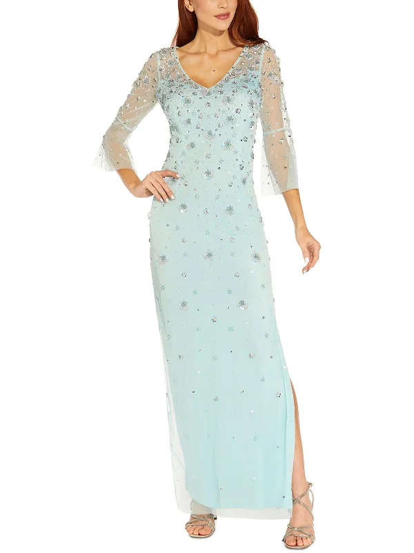 Womens Floral Beaded Evening Dress