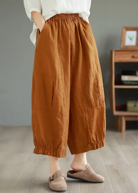 DIY Orange Ruffled Pockets Patchwork Linen Wide Leg Pants Summer