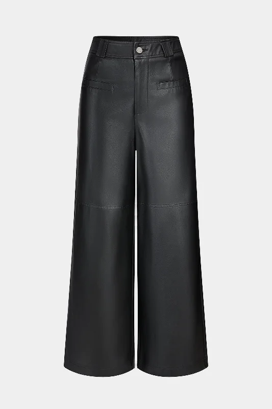 Faux Leather Button Pocket Wide Leg Trousers