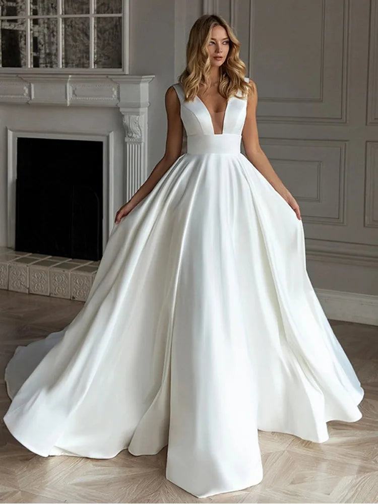 A Line Wedding Dress Princess Satin Bride Dresses Sexy V Neck Wedding Party Gowns