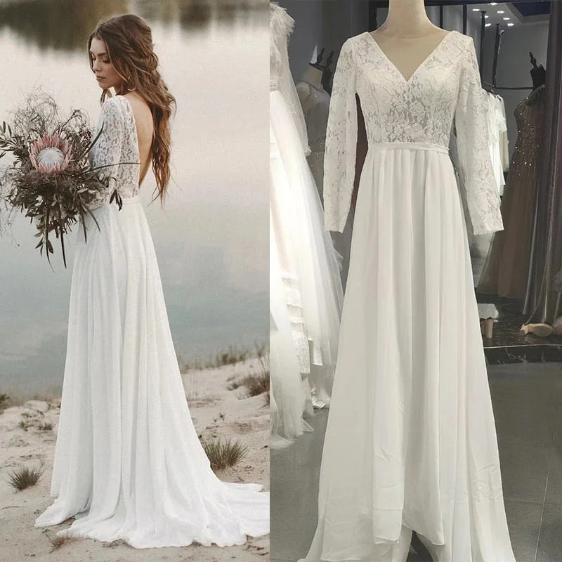 Beach Wedding Dresses Full Sleeve V-Neck Open Back Boho Bridal Gowns Chiffon Princess Party Dresses Sweep Train