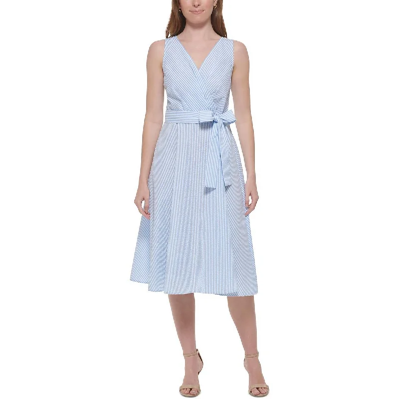 Womens Seersucker Midi Fit & Flare Dress