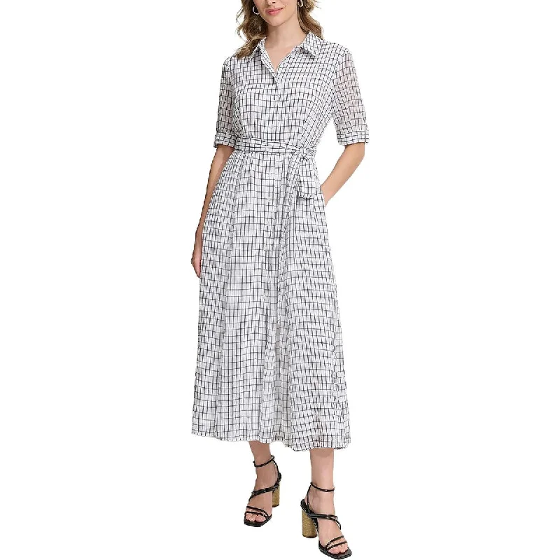 Womens Chekered Short Sleeve Midi Dress