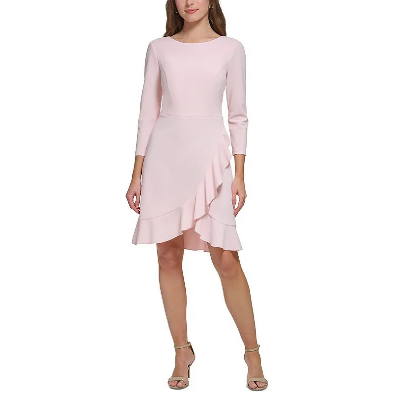 Petites Womens Three Quarter Sleeve Ruffled Midi Dress