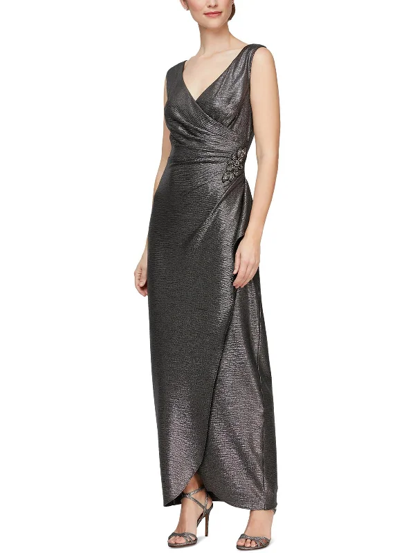 Petites Womens Metallic Long Evening Dress