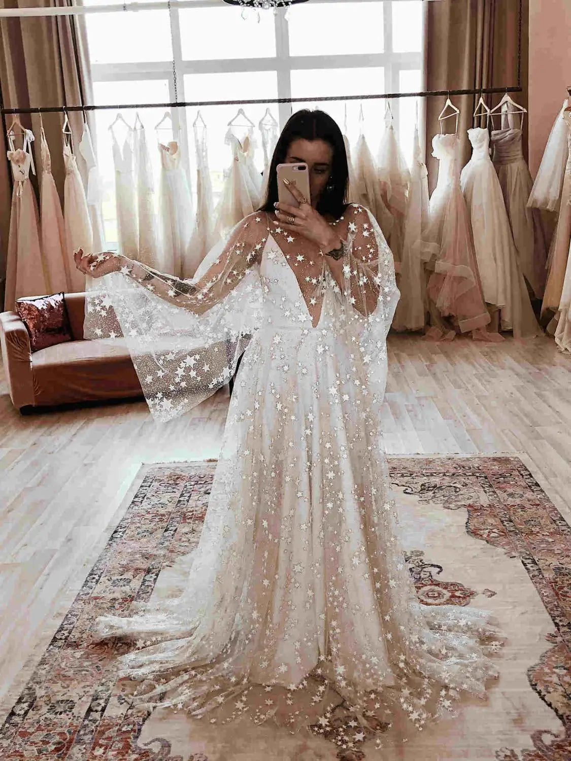 Glittering Star A Line Wedding Dresses Deep V-neck Bride Dresses Beach Boho Wedding Gowns Wedding Party Dresses