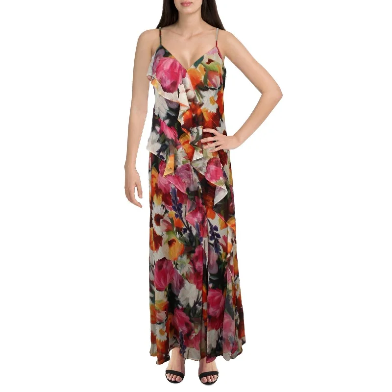 Petites Womens Ruffled Floral Print Evening Dress