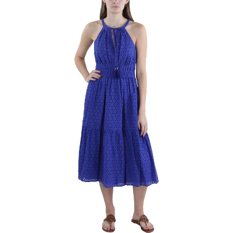 Womens Eyelet Halter Midi Dress