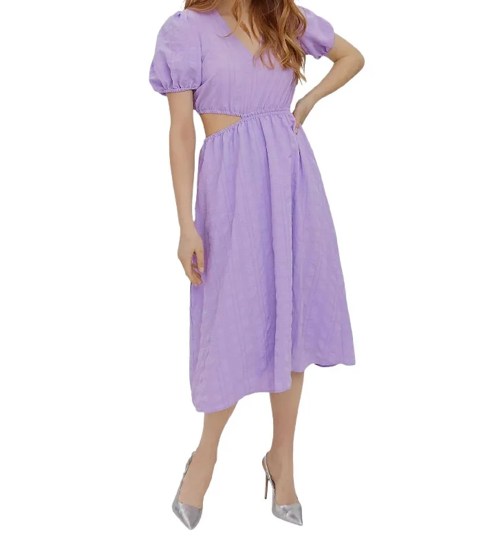 Cutout V-Neck Puff Midi Dress In Lavender