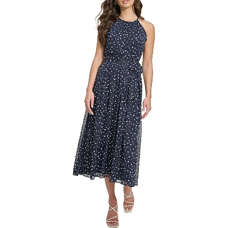 Womens Polka Dot Halter Neck Midi Dress