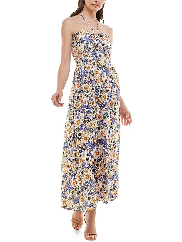 Juniors Womens Floral Print Long Halter Dress