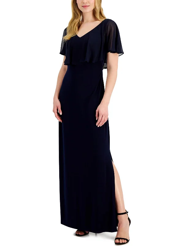 Womens Flutter Sleeve Long Evening Dress