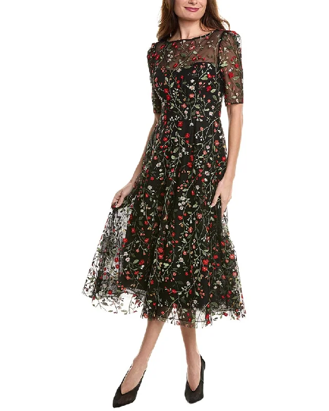 Teri Jon by Rickie Freeman Embroidered Floral Midi Dress