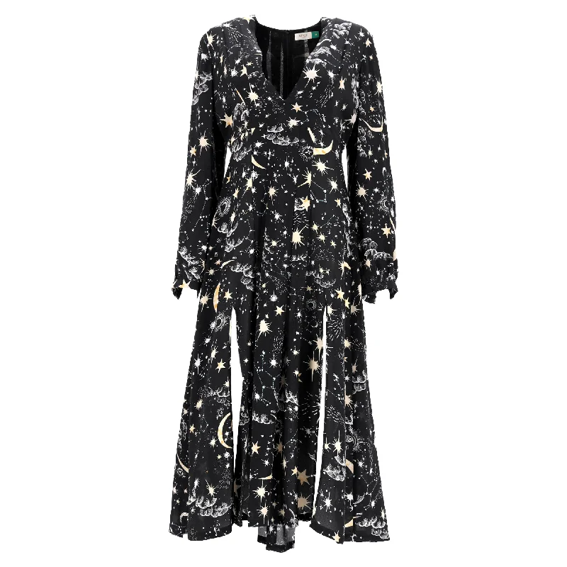 Rixo Constellation Print Midi V-Neck Dress with Slits in Black Silk