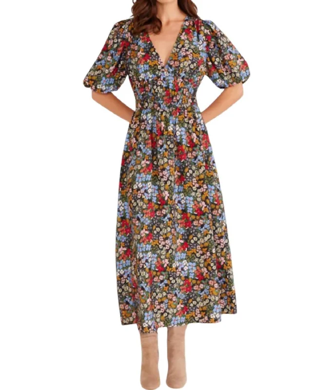 Josie Puff Sleeve Midi Dress In Fall Ditsy Floral