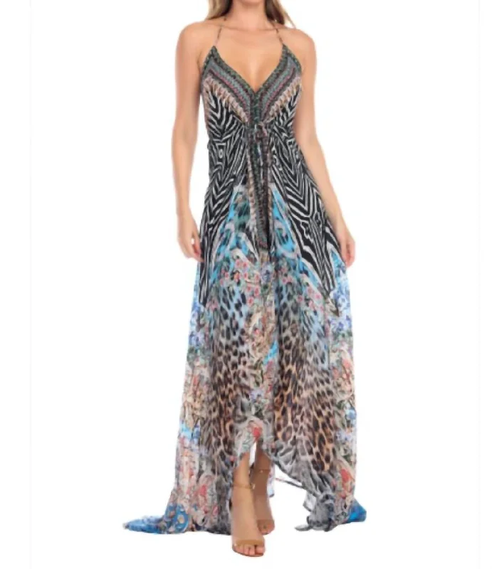 Leopard Designer 3-Way Maxi Dress With Halter Neck In Blue