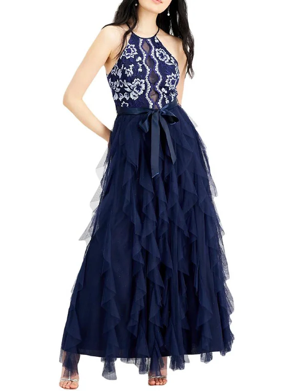 Juniors Womens Emrbroidered Tiered Evening Dress